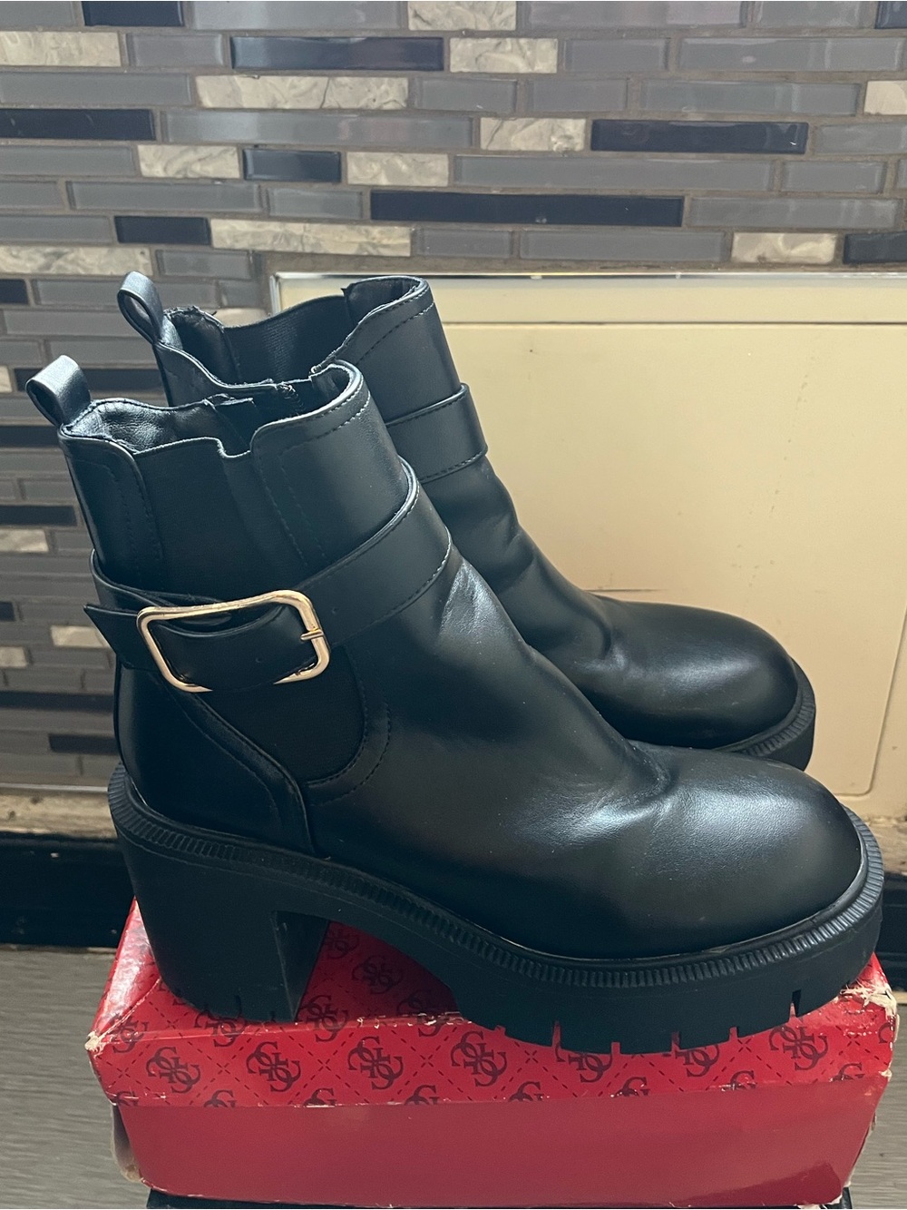Women's Black Platform Chunky Heel Ankle Boots w/ Buckle